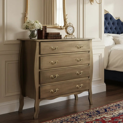 Cômoda Bombê 4 Gavetas Frente Reta Dourado Envelhecido com Puxadores Dourados + Cores