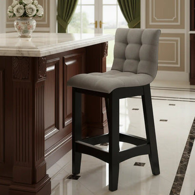 Banqueta Alta Estofada Preta e Linho Cinza com Encosto 10 pontos + Cores