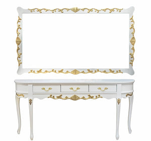 Aparador Oval Luis XV Entalhado 3 Gavetas com Moldura Entalhada - Branco com Entalhes Dourados + Cores