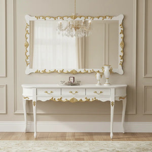 Aparador Oval Luis XV Entalhado 3 Gavetas com Moldura Entalhada - Branco com Entalhes Dourados + Cores