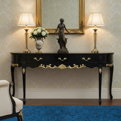 Aparador Oval Luis XV Entalhado 3 Gavetas Preto Brilho com Entalhes Dourados + Cores