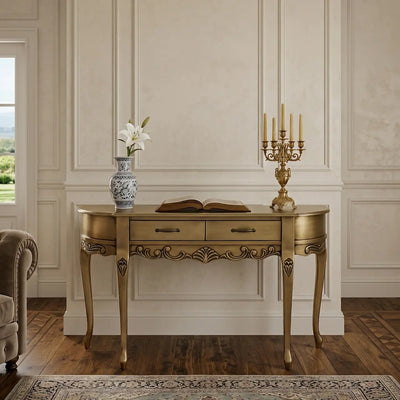 Aparador Oval Luis XV Entalhado 2 Gavetas e Sem Prateleira -  Dourado Envelhecido + Cores