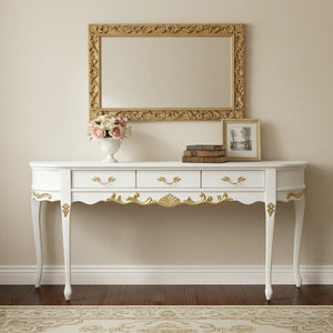Aparador Oval Luis XV Entalhado 3 Gavetas Branco com Entalhes Dourados + Cores