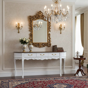 Aparador Oval Luis XV Entalhado 3 Gavetas Branco e Tampo Verniz