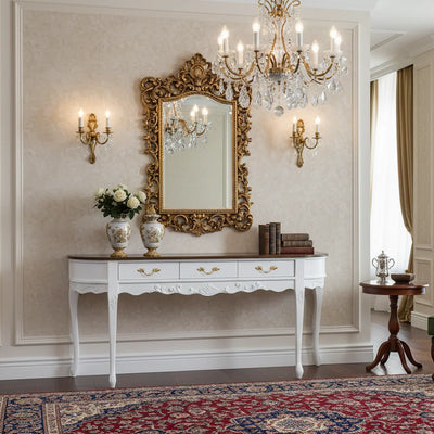 Aparador Oval Luis XV Entalhado 3 Gavetas Branco e Tampo Verniz