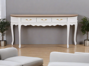 Aparador Oval Luis XV Entalhado 3 Gavetas Branco e Tampo Verniz