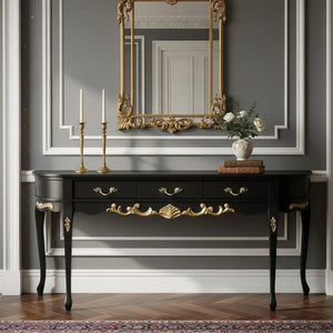 Aparador Oval Luis XV Entalhado 3 Gavetas Preto Fosco com Entalhes Dourados + Cores
