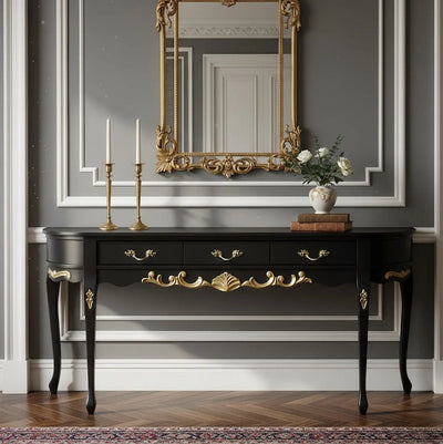 Aparador Oval Luis XV Entalhado 3 Gavetas Preto Fosco com Entalhes Dourados + Cores