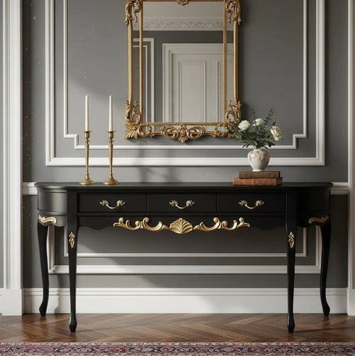 Aparador Oval Luis XV Entalhado 3 Gavetas Preto Fosco com Entalhes Dourados + Cores