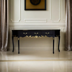 Aparador Oval Luis XV Entalhado 3 Gavetas Preto Fosco com Entalhes Dourados + Cores