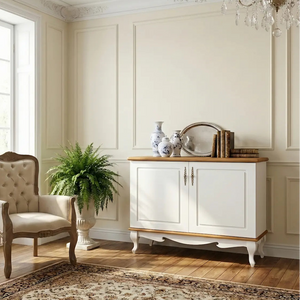 Buffet Luis XV 2 Portas - Branco Fosco e Tampo e Base Verniz Mel + Cores