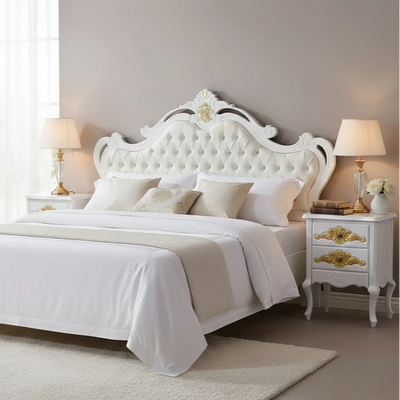 Cabeceira Entalhada Genova Queen com Capitonê Branca com Detalhes Dourados + Cores