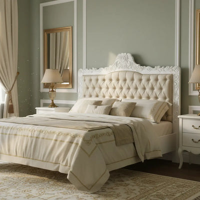 Cabeceira Cama de Casal/Queen/King Entalhada Luis XV com Capitonê e Tachas + Cores