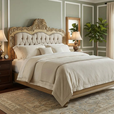 Cabeceira Envelhecida Cama de Casal/Queen/King Entalhada Luis XV com Capitonê e Tachas + Cores