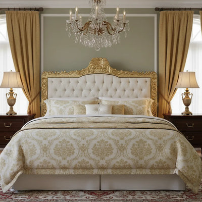 Cabeceira Cama de Casal/Queen/King Entalhada Dourada Luis XV com Capitonê e Tachas + Cores