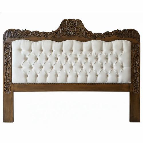 Cabeceira Cama de Casal/Queen/King Entalhada Luis XV com Capitonê e Tachas Verniz Envelhecido com Linho