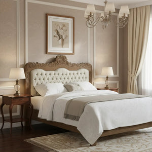 Cabeceira Cama de Casal/Queen/King Entalhada Luis XV com Capitonê e Tachas Verniz Imbuia + Cores