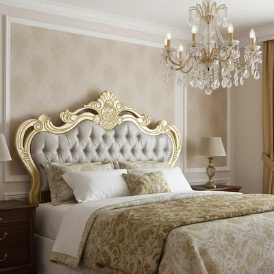 Cabeceira Entalhada Genova King com Capitonê Dourada e Cinza Brilhante + Cores