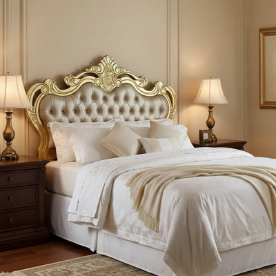 Cabeceira Entalhada Genova Casal com Capitonê Dourada e Facto Dourado + Cores