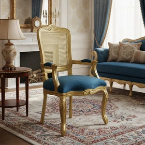 Cadeira Luis XV II Entalhada com Braço e Encosto em Tela Dourada e Azul + Cores