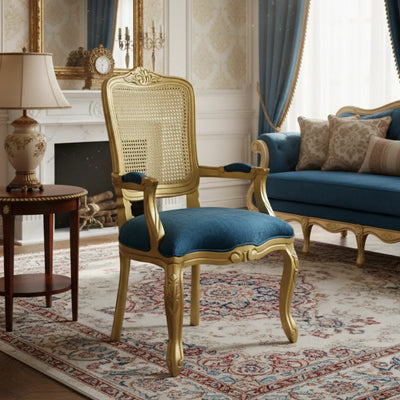 Cadeira Luis XV II Entalhada com Braço e Encosto em Tela Dourada e Azul + Cores