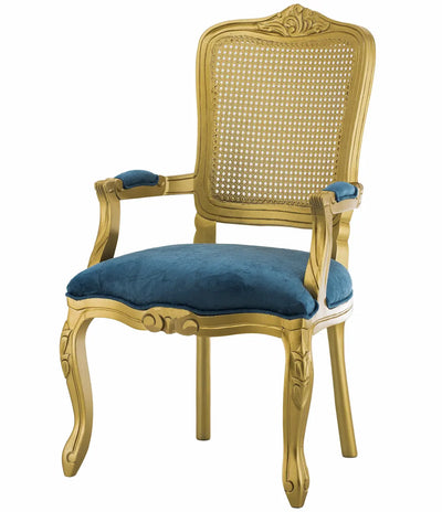 Cadeira Luis XV II Entalhada com Braço e Encosto em Tela Dourada e Azul + Cores