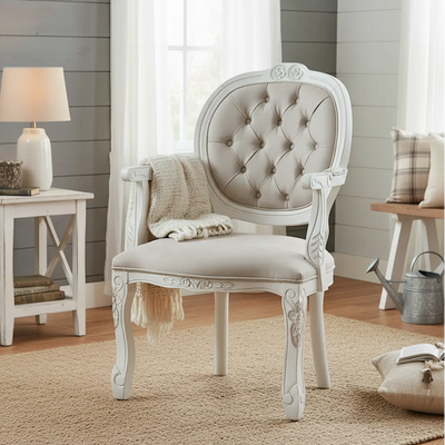 Poltrona Medalhão II Entalhada - Provençal Branco e Cinza Fendi + Cores