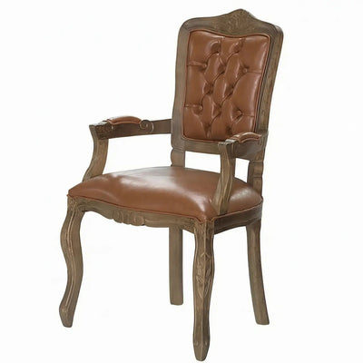 Cadeira Luis XV Entalhada com Braço Verniz Imbuia e Couro Ecológico Caramelo Escuro + Cores