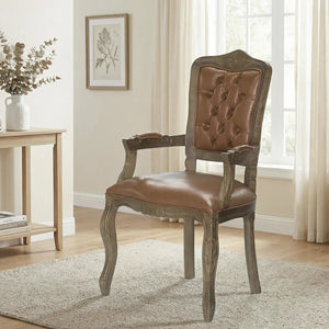 Cadeira Luis XV Entalhada com Braço Verniz Imbuia e Couro Ecológico Caramelo Escuro + Cores