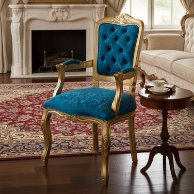 Cadeira Luis XV II Entalhada com Braço - Dourado e Azul + Cores