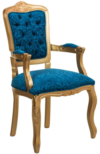 Cadeira Luis XV II Entalhada com Braço - Dourado e Azul + Cores