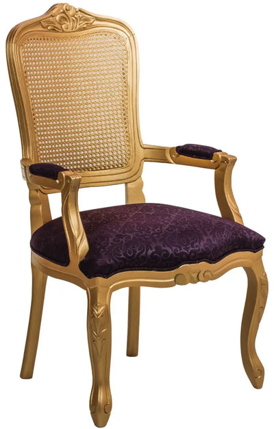 Cadeira Luis XV II Entalhada com Braço e Encosto em Tela - Dourada com Arabesco Roxo + Cores