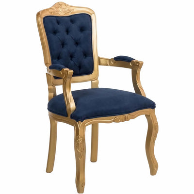 Cadeira Luis XV II Entalhada com Braço - Dourado e Azul + Cores