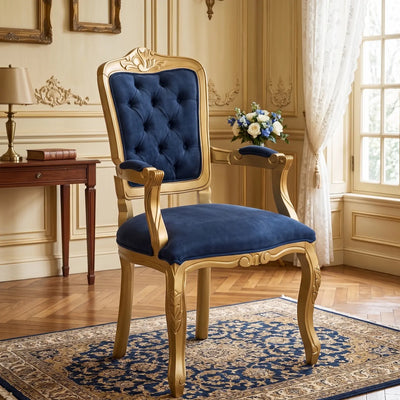 Cadeira Luis XV II Entalhada com Braço - Dourado e Azul + Cores