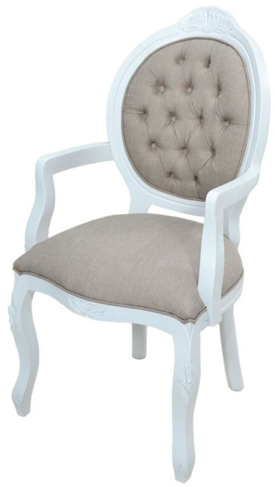 Cadeira Medalhão IV Entalhada com Braço - Branco com Linho Marrom + Cores