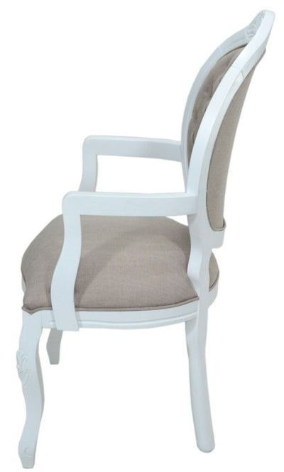 Cadeira Medalhão IV Entalhada com Braço - Branco com Linho Marrom + Cores
