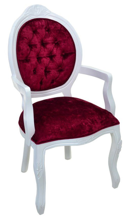 Cadeira Medalhão IV Entalhada com Braço - Branco com Veludo Brilhante Vermelho + Cores