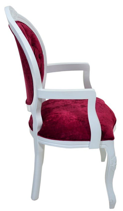 Cadeira Medalhão IV Entalhada com Braço - Branco com Veludo Brilhante Vermelho + Cores