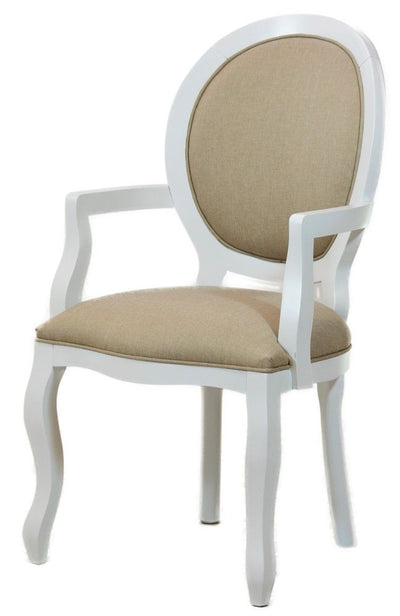 Cadeira Medalhão III Lisa com Braços - Branca com Linho Marrom + Cores