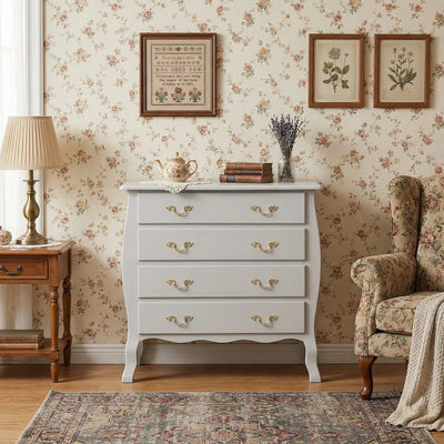 Cômoda Bombê 4 Gavetas Frente Reta Branco Provençal com Puxadores Dourados + Cores
