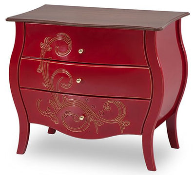 Cômoda Bombê Frente Abaulada - 3 Gavetas - Vermelha e Tampo Verniz + Cores