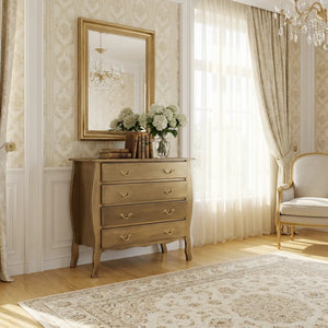 Cômoda Bombê 4 Gavetas Frente Reta Dourado Envelhecido com Puxadores Dourados + Cores