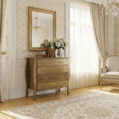 Cômoda Bombê 4 Gavetas Frente Reta Dourado Envelhecido com Puxadores Dourados + Cores