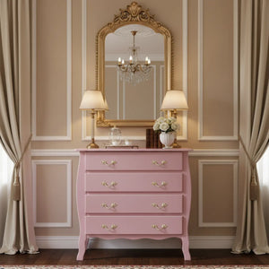 Cômoda Bombê 4 Gavetas Frente Reta Rosa com Puxadores Dourados + Cores