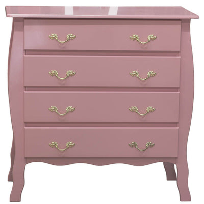 Cômoda Bombê 4 Gavetas Frente Reta Rosa com Puxadores Dourados + Cores
