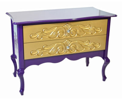 Cômoda Entalhada Dourada e Berinjela 2 Gavetas + Cores