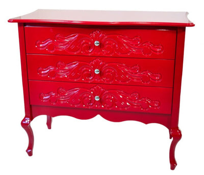 Cômoda Entalhada Vermelha 3 Gavetas + Cores