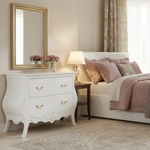 Cômoda Bombê Entalhada Imperatriz 2 Gavetas Branca com Puxadores Dourados + Cores