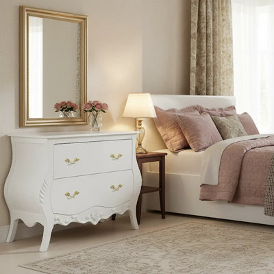 Cômoda Bombê Entalhada Imperatriz 2 Gavetas Branca com Puxadores Dourados + Cores