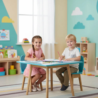 Conjunto Infantil Colorido Mesa com 1 a 4 Cadeiras Coelho Azul Turquesa e Madeira + Cores